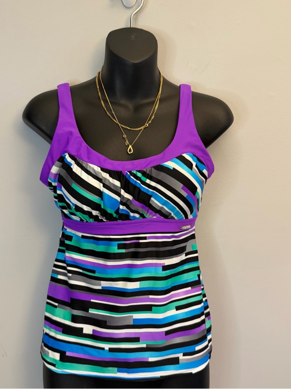 Striped Tankini Top with Purple Trim